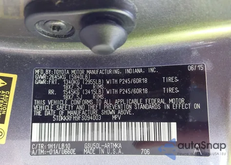 2015 Toyota Highlander Xle V6 from USA, damaged, VIN 5TDKKRFH9FS094003